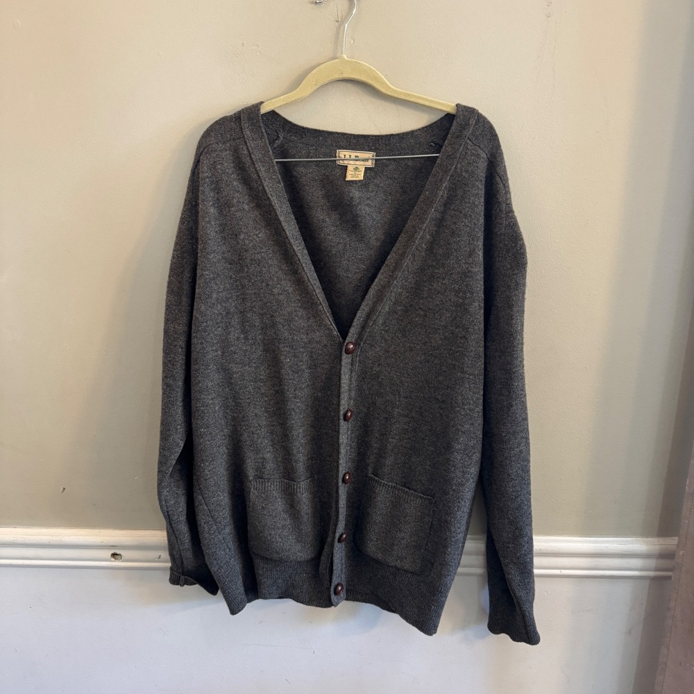 Vintage LL Bean Mens L Lambswool Cardigan Button Sweater Gray Grandpa Scotland